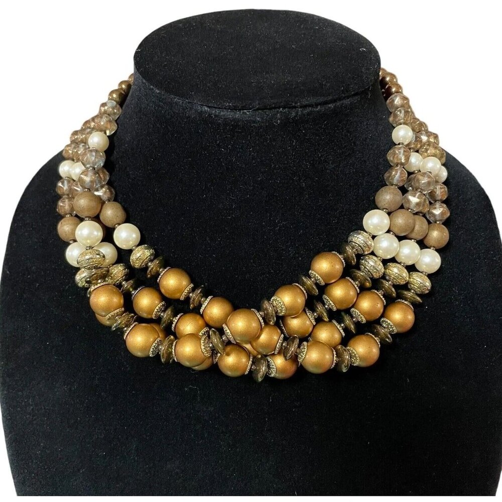 Rare Vintage 4 Strand Lo Zaffiro Italy Necklace 17” Brown Gold Tones Orig Box